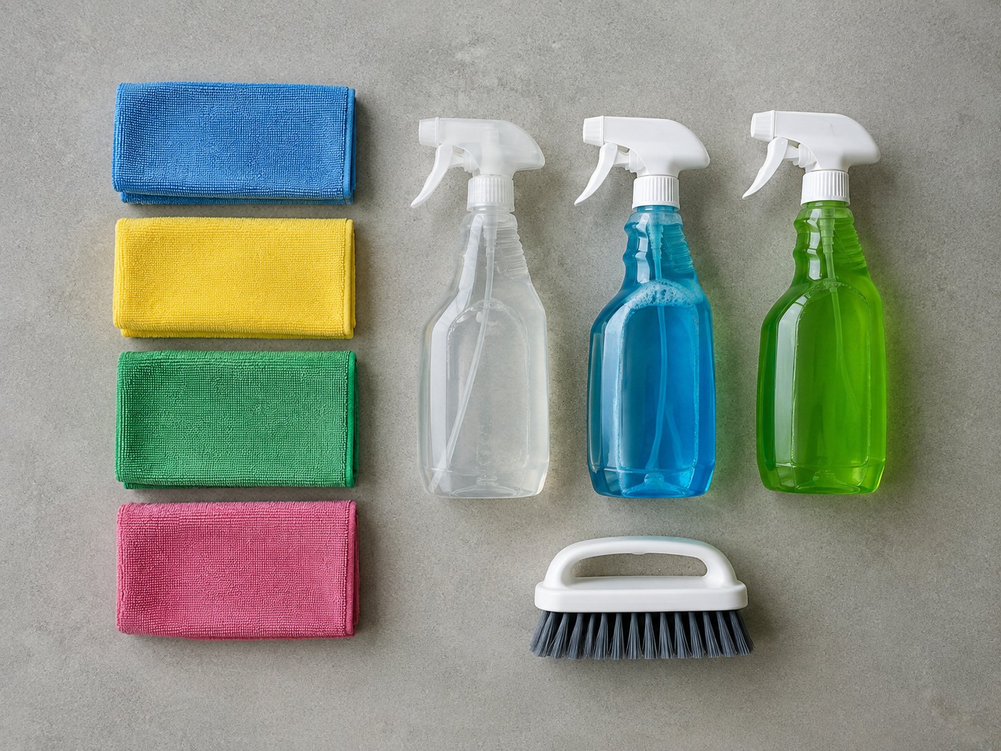 Cleaning equipment laid out on a worktop beside a printed task sheet