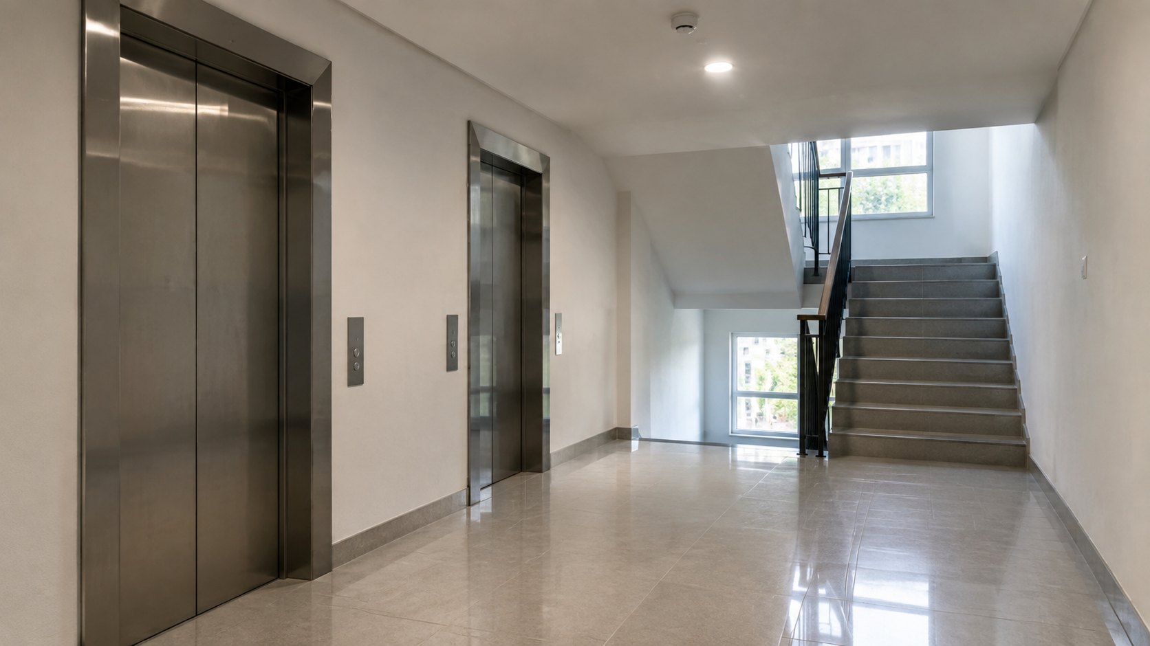 A clean communal hallway with tiled floor inside an apartment block