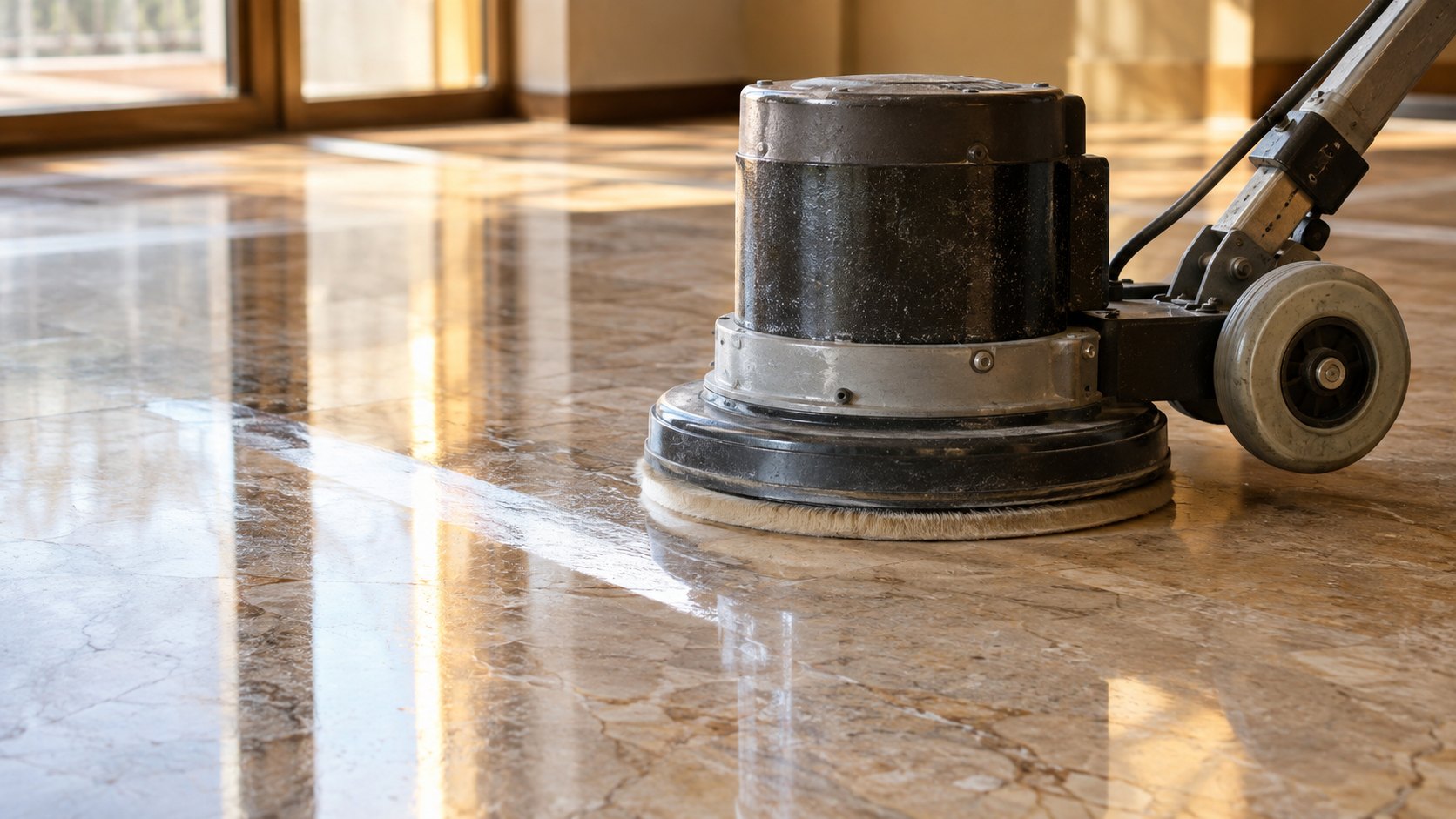 A rotary floor polishing machine on a large area of stone flooring