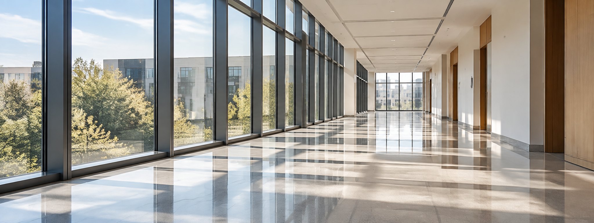 Home A wide view along a spotless corridor with glazing and a clean hard floor
