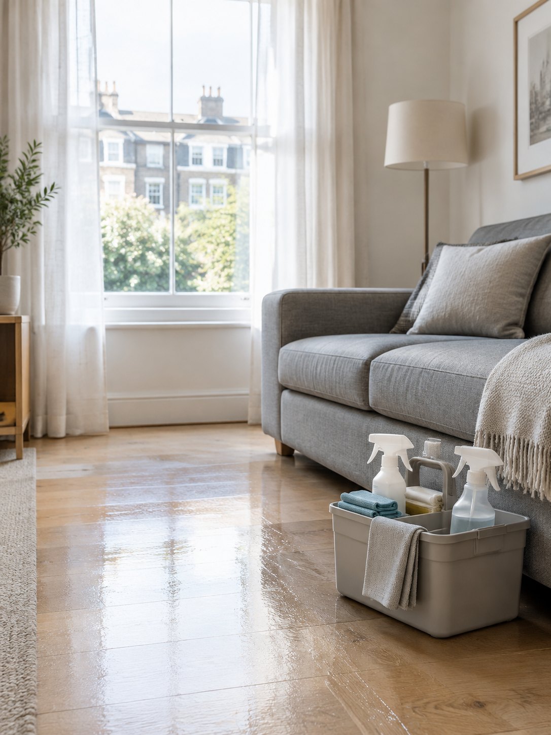 Home A residential living room during a routine clean, with a caddy of cloths and spray bottles beside the sofa