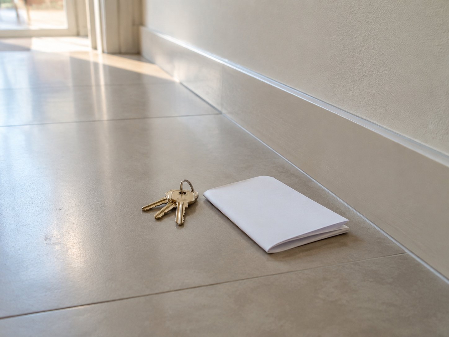 Home Door keys beside a folded sheet of blank paper on a clean hallway floor
