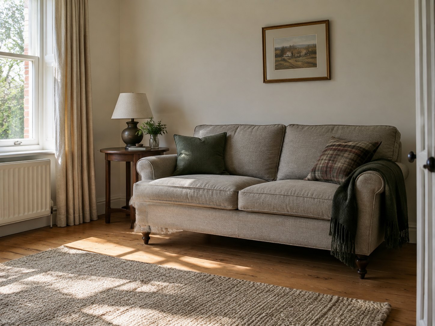 Home A clean living room corner with a sofa and rug in a British home