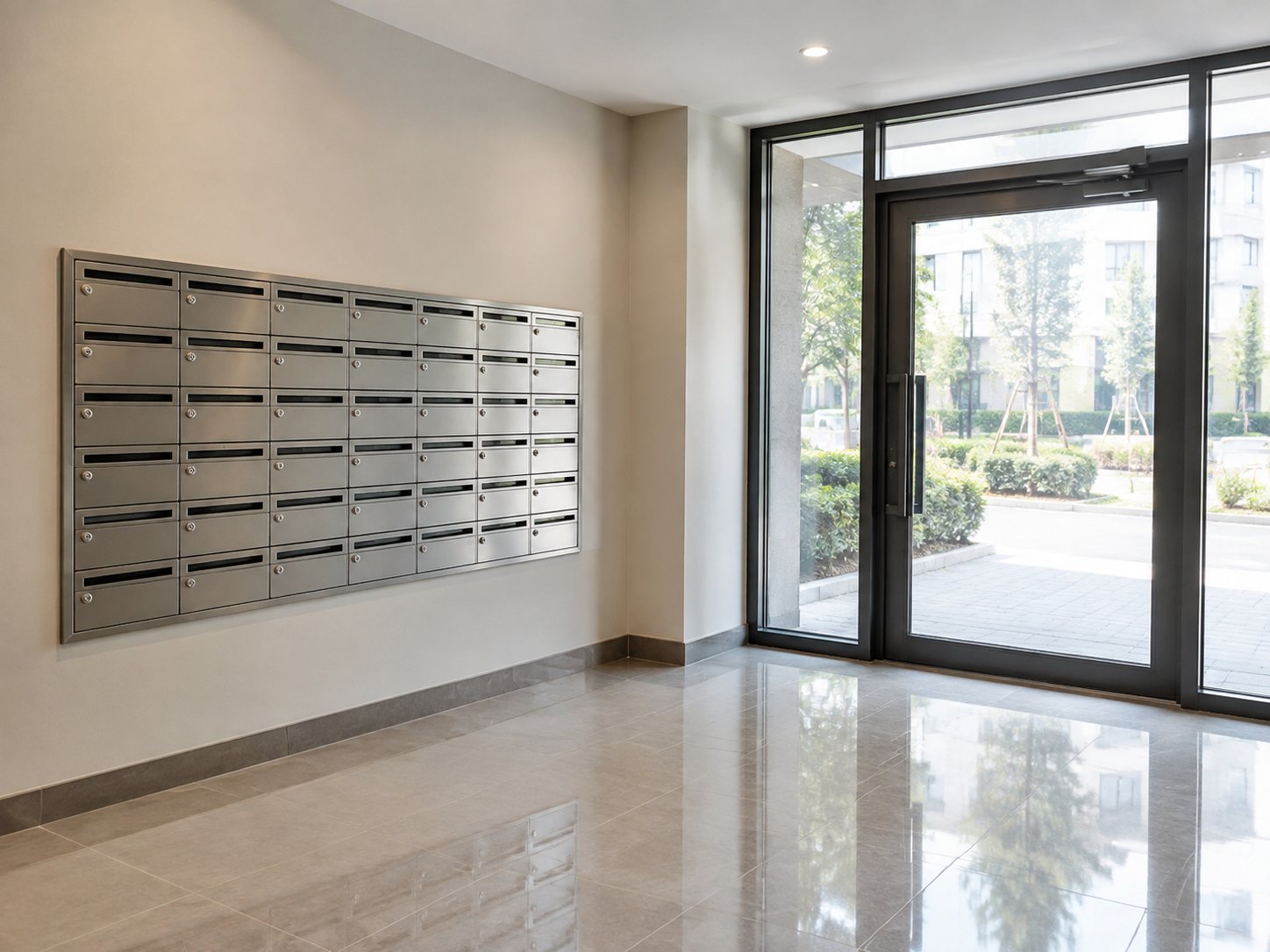 Home The entrance lobby of an apartment building with a bank of letterboxes
