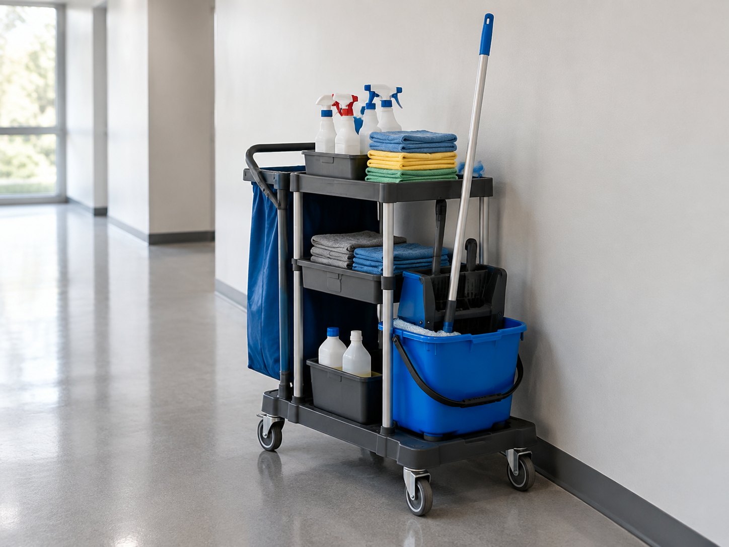 Home A cleaning trolley with folded cloths and spray bottles parked in a bright corridor