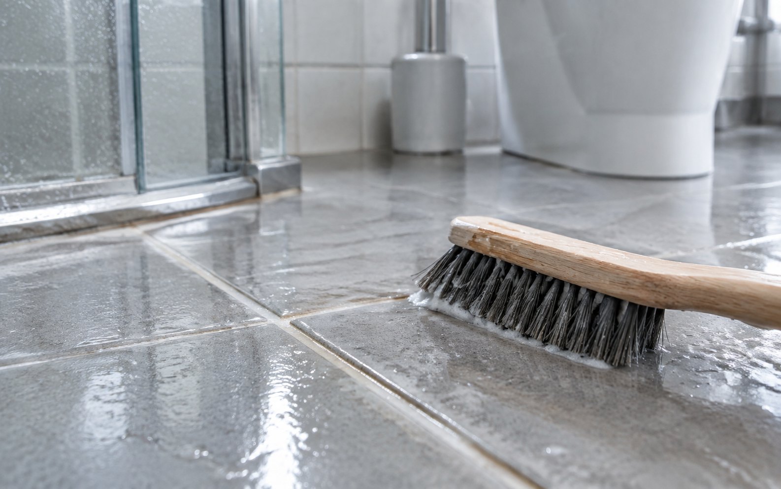 Home Bathroom tile grout being scrubbed during a deep clean