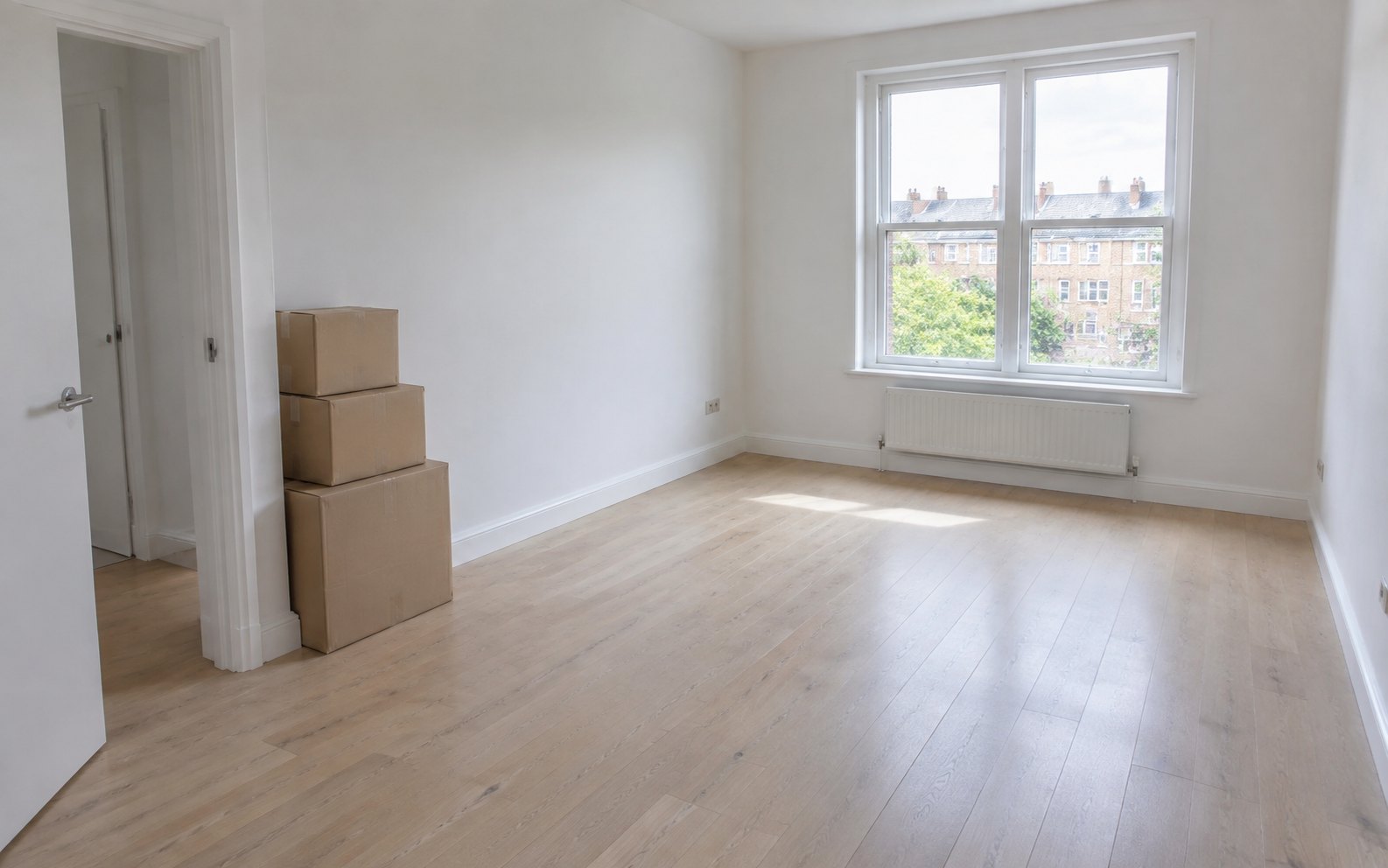 Home An emptied flat after a move-out clean with boxes stacked by the door