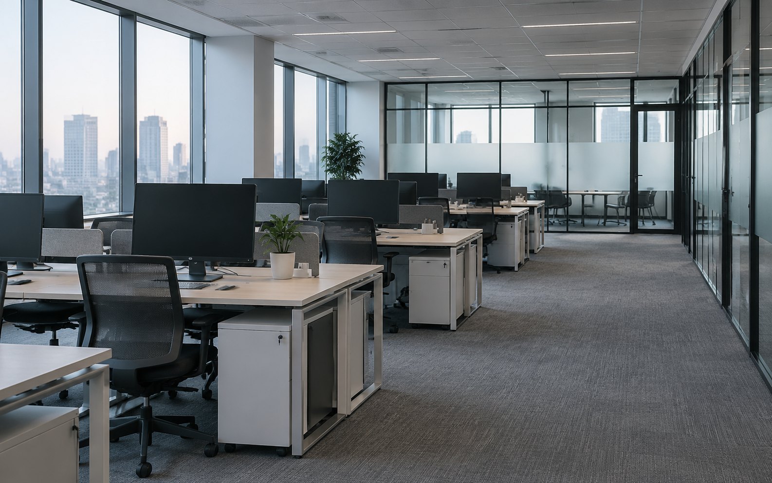 Home An empty open-plan office with desks and vacuumed carpet before opening hours