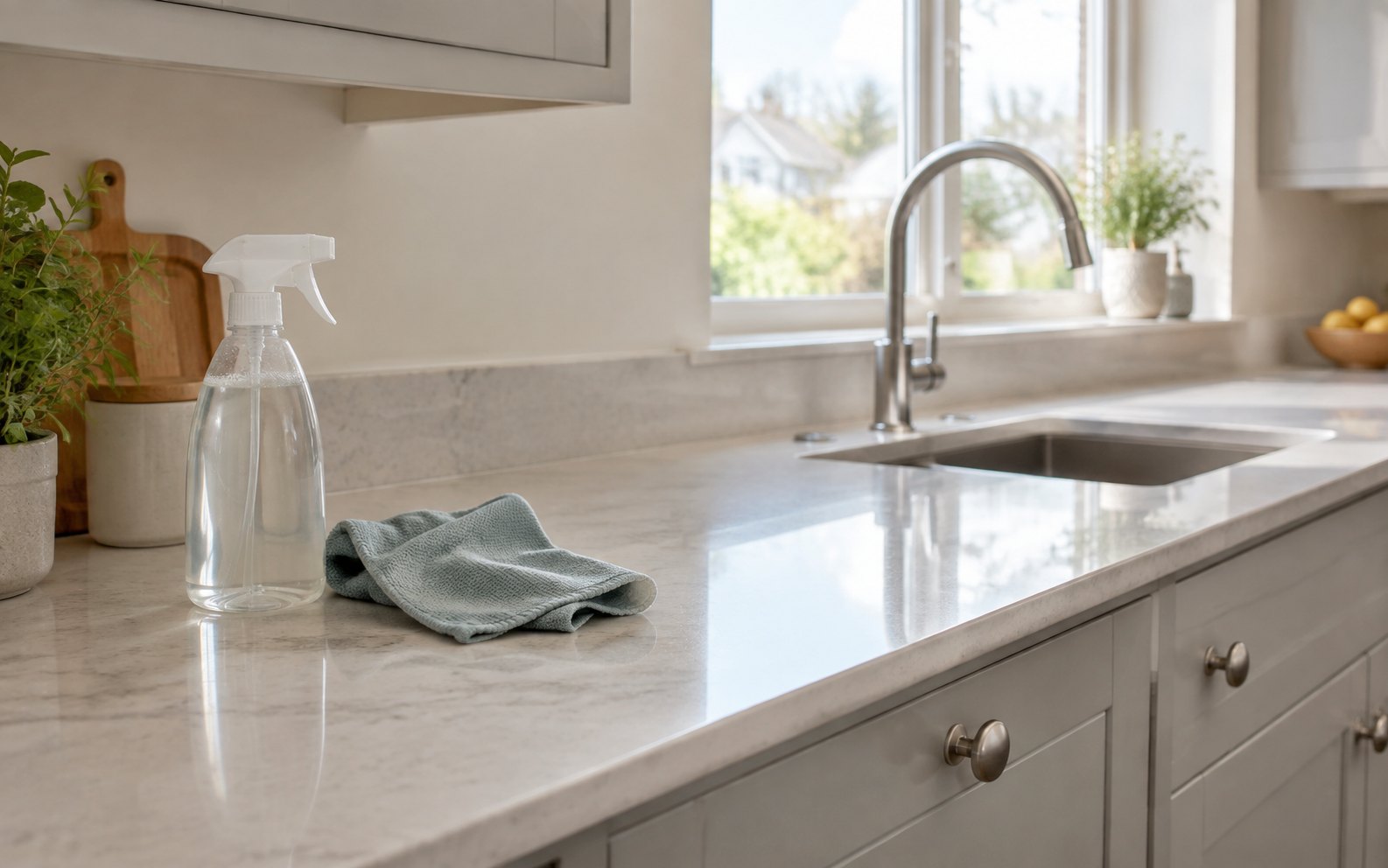 Home A freshly wiped kitchen worktop in a modern kitchen