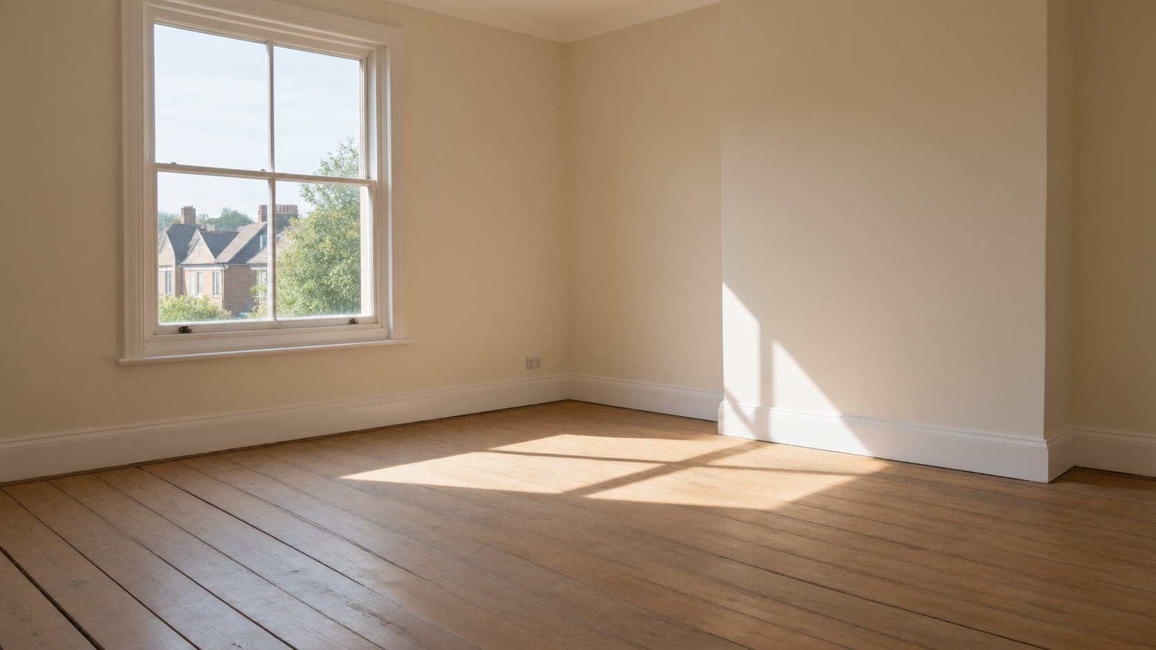 An emptied flat after a move-out clean with boxes stacked by the door