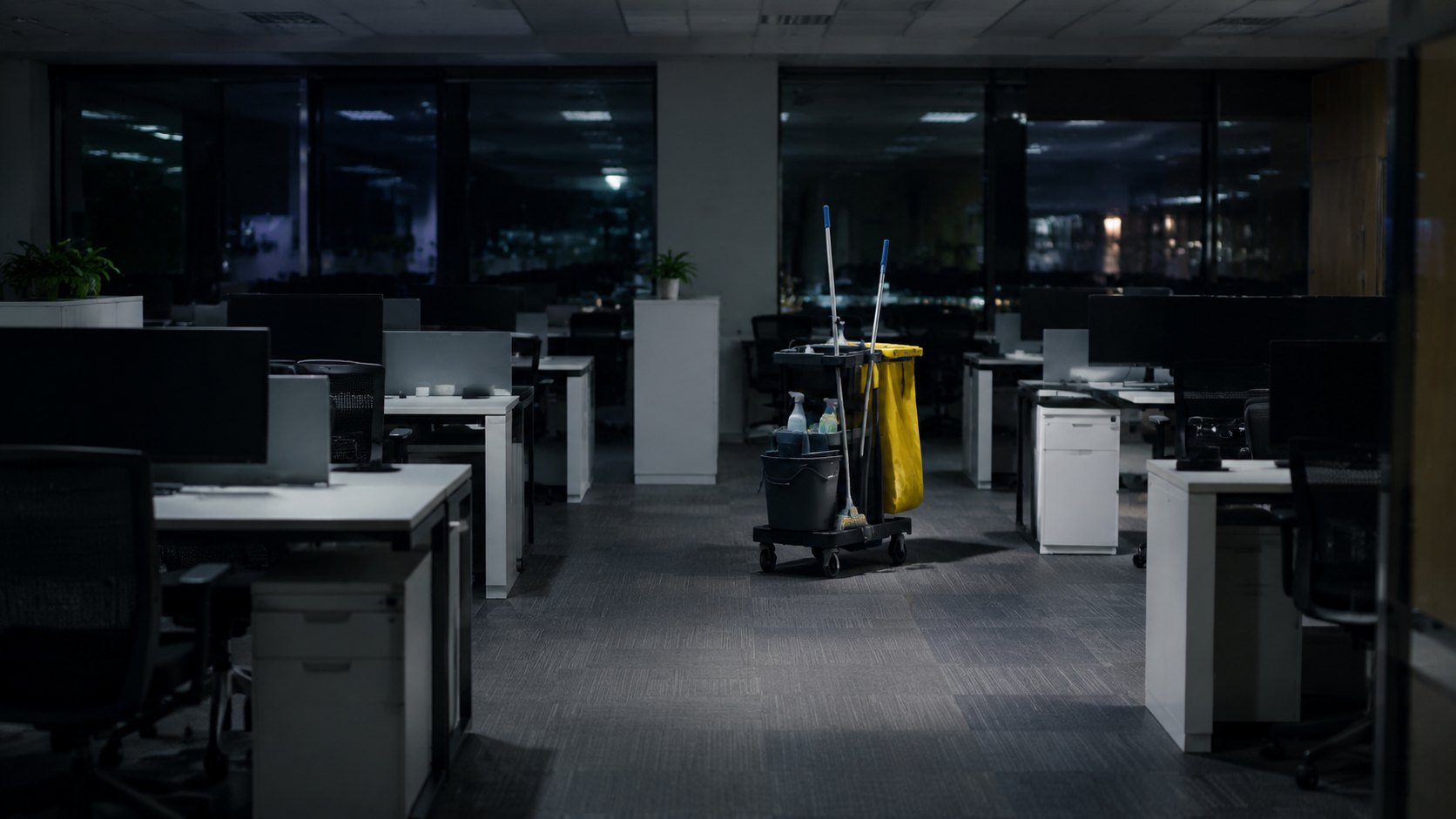An empty open-plan office with desks and vacuumed carpet before opening hours